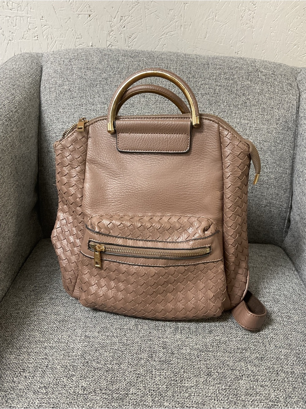Woven Leather Backpack in Taupe with Gold Handle
